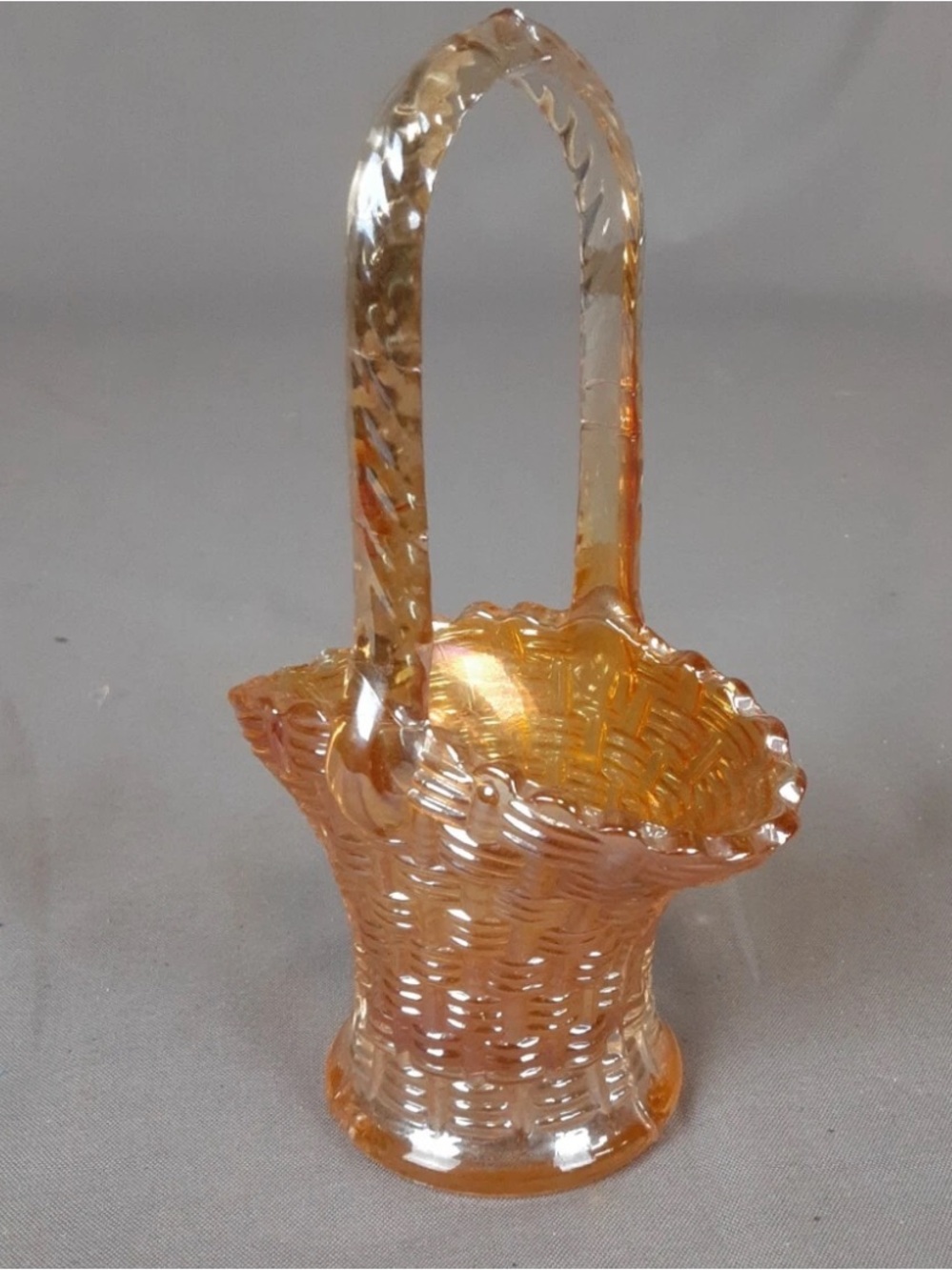 Vintage Marigold 6” Dugan Carnival Glass Weaved Pattern Basket